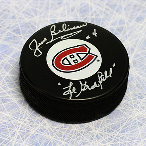 Jean Beliveau Puck Montreal Canadiens Signed Puck with Le Gros Bill Note