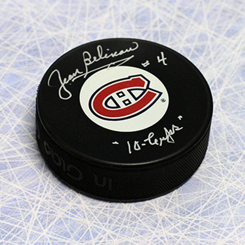 Jean Beliveau Signed Puck Montreal Canadiens with 10 Cups Note
