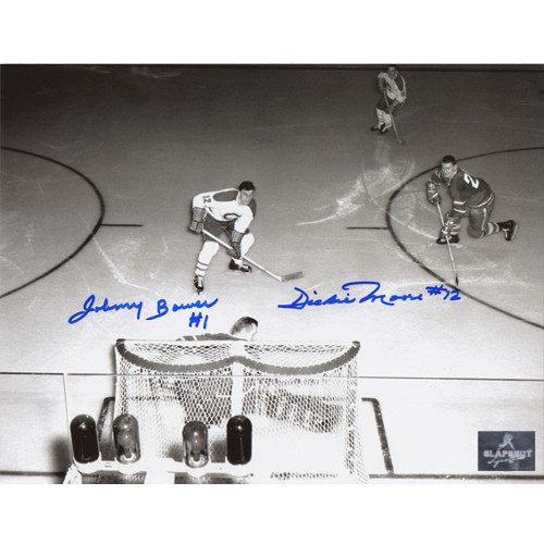 Johnny Bower vs Dickie Moore Dual Signed Legends Showdown Overhead 8x10 Photo