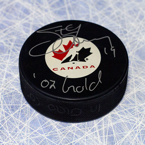 Steve Yzerman Team Canada Signed Hockey Puck with 2002 Gold Inscription