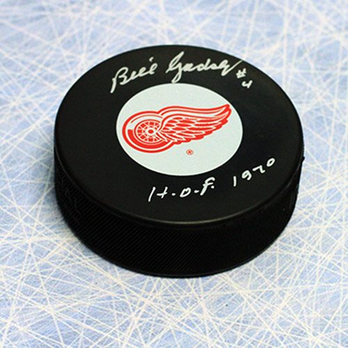 Bill Gadsby Signed Puck Detroit Red Wings with HOF note