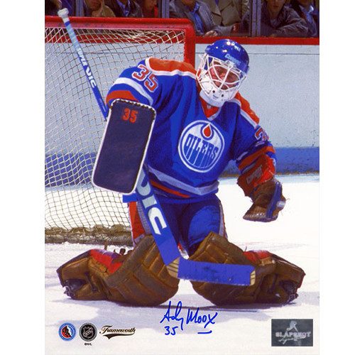 Andy Moog Signed Edmonton Oilers Save 8X10 Photo