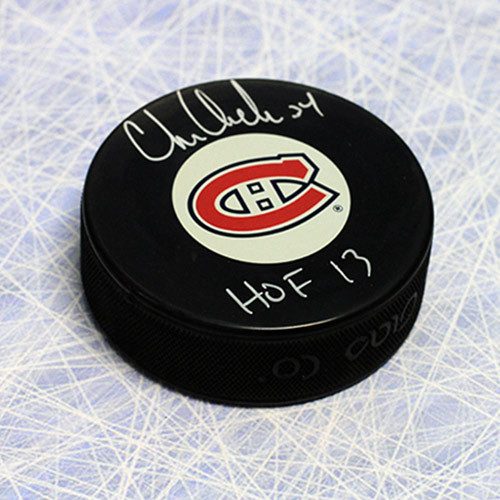 Chris Chelios Montreal Canadiens Autographed Puck-HOF note
