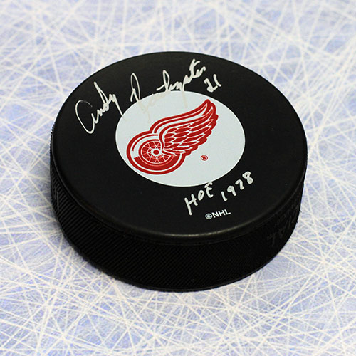 Andy Bathgate Signed Detroit Red Wings Hockey Puck with HOF