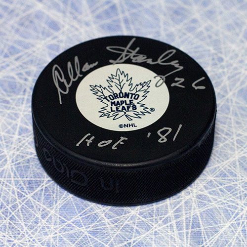 Allan Stanley Toronto Maple Leafs Signed Hockey Puck-HOF 81