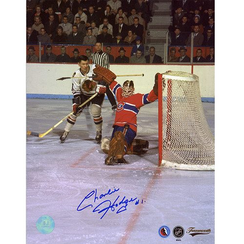 Charlie Hodge Montreal Canadiens Signed Photo-Goal Save vs Mikita 8x10