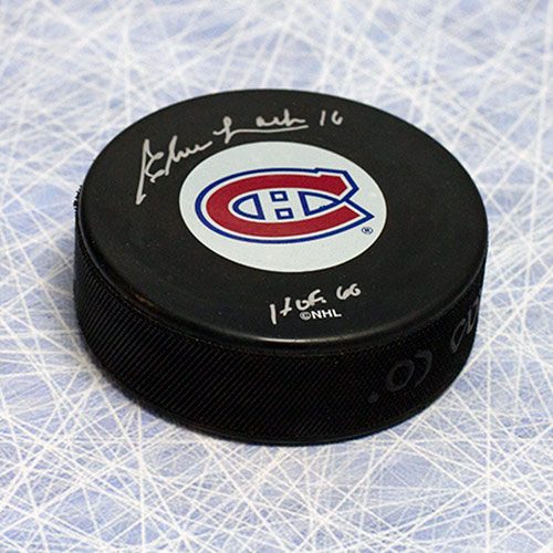Elmer Lach Autographed Puck-Montreal Canadiens with HOF Inscription