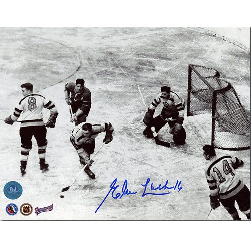 Elmer Lach Montreal Canadiens Signed Vintage Action vs Boston 8x10 Photo