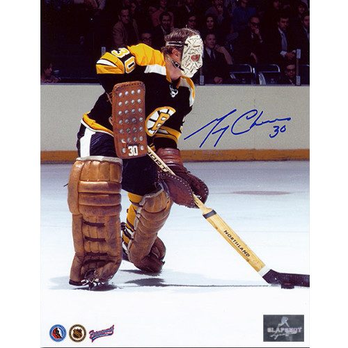 Gerry Cheevers Signed Photo-Boston Bruins Playing the Puck 8x10