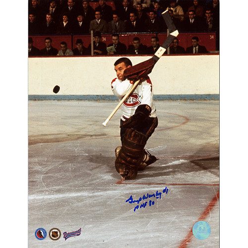 Gump Worsley Montreal Canadiens Signed Photo-Batting Puck 8x10