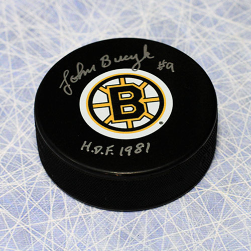 Johnny Bucyk Signed Puck-Boston Bruins Hockey with HOF Note