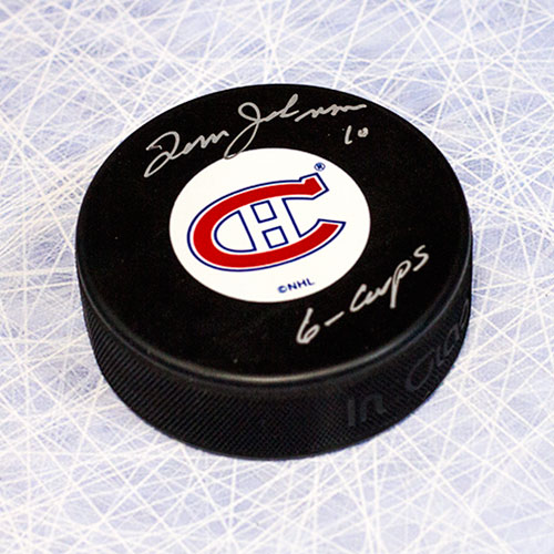 Tom Johnson Signed Puck-Montreal Canadiens with 6 Cups Inscription
