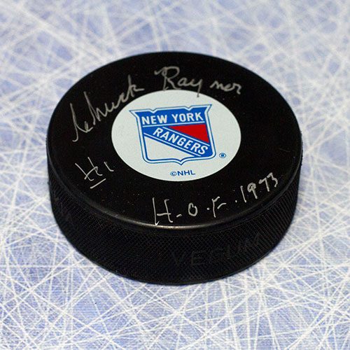 Chuck Rayner Autographed Hockey Puck New York Rangers w/ HOF Inscription