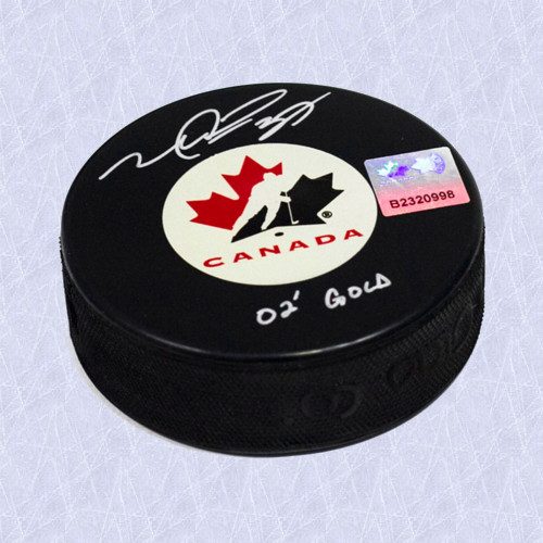 Mike Peca Team Canada Autographed Olympic Hockey Puck w/ 02 Gold Note