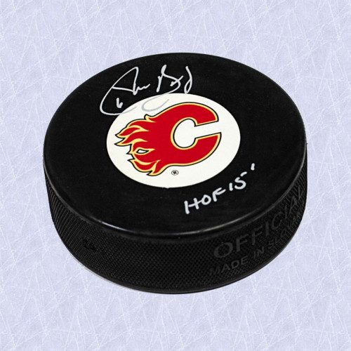 Phil Housley Calgary Flames Autographed Hockey Puck with HOF Note