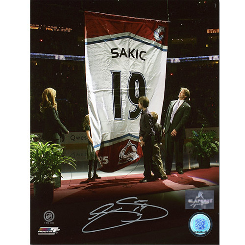 Joe Sakic Autographed Colorado Avalanche Banner Retirement 8x10 Photo