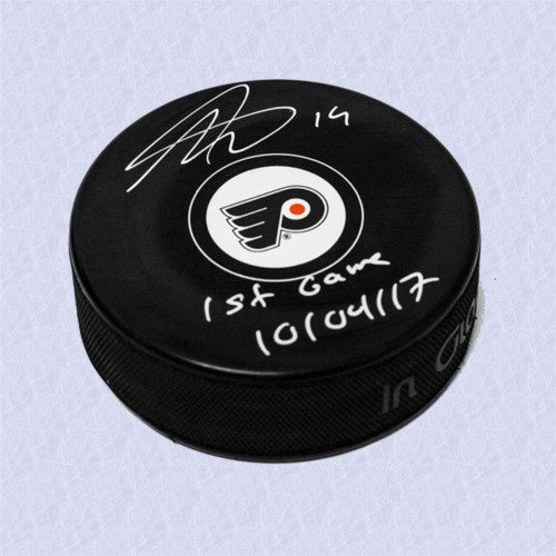 Nolan Patrick Philadelphia Flyers Autographed Model Puck with 1st Game Note