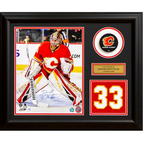David Rittich Calgary Flames Signed Retro Logo Jersey Number 23x19 Frame #/33