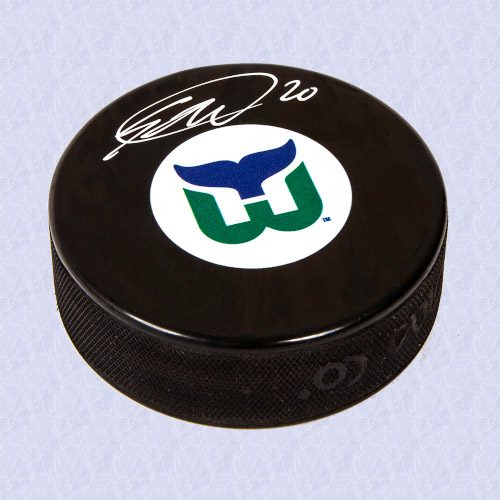 Sebastian Aho Hartford Whalers Autographed Retro Logo Hockey Puck